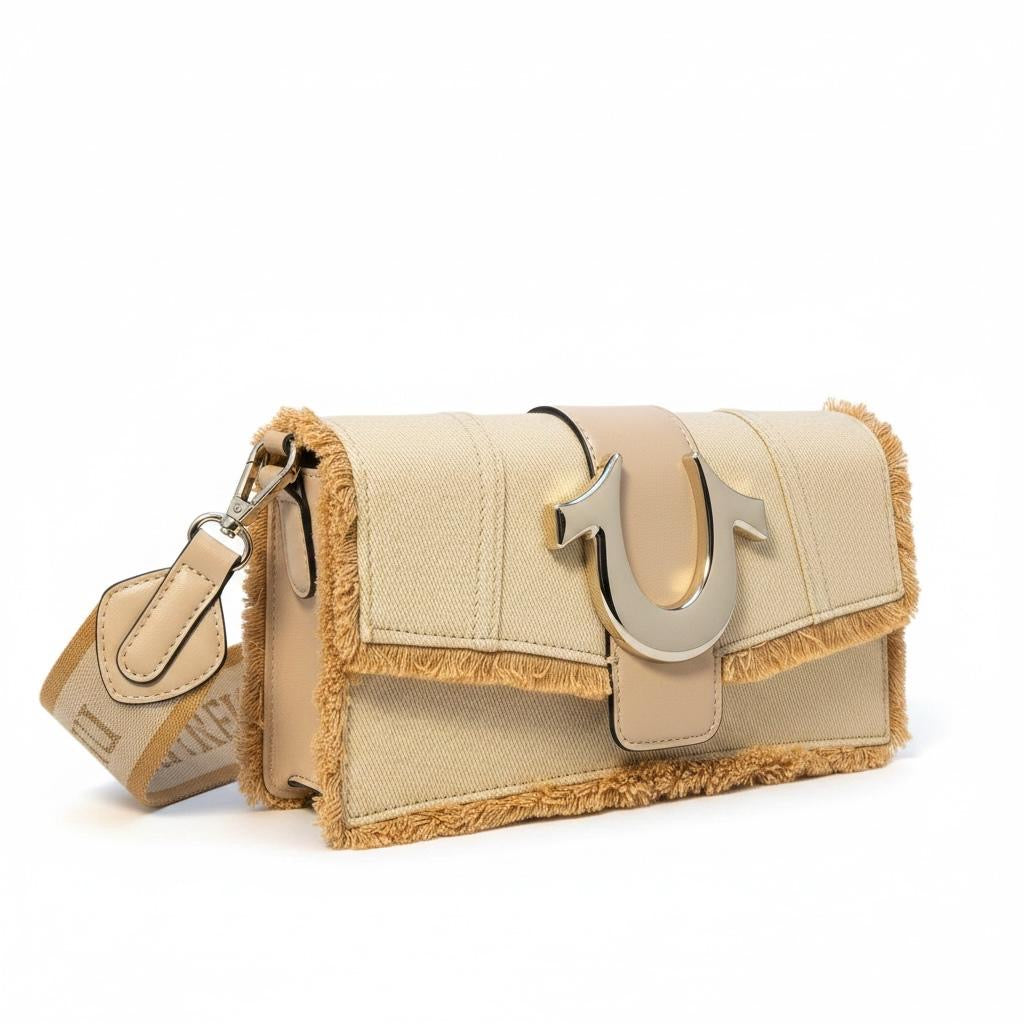 True Religion Frayed Denim Flap Shoulder Bag – Natural / Khaki