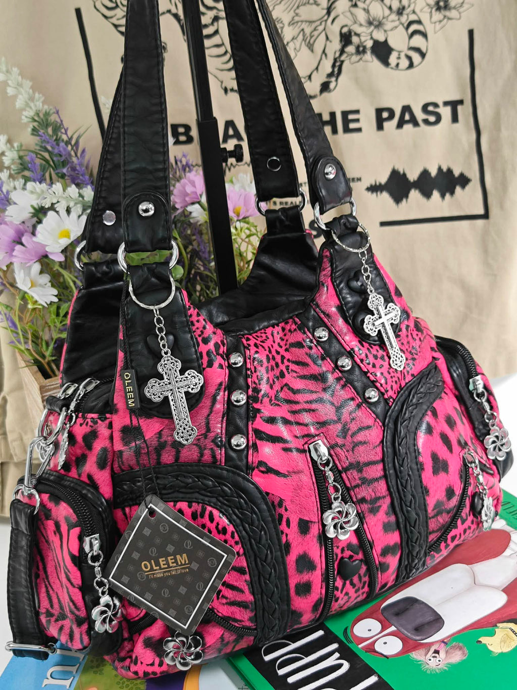 Women's Pink Leopard Print PU Fashion Shoulder Bag Y2K Punk Style Handbag