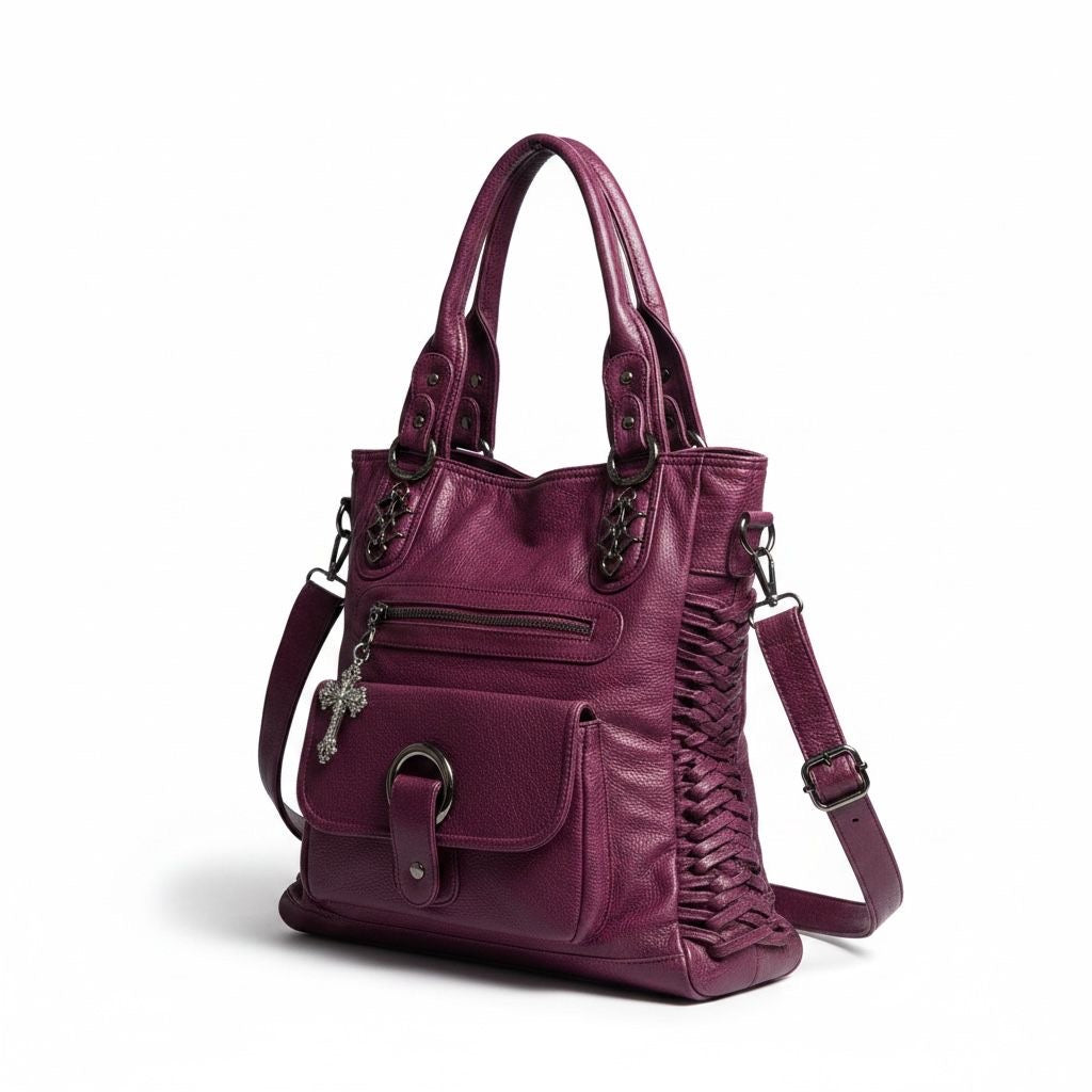 Gothic Grunge Faux Leather Tote Shoulder Bag with Cross Charm – Magenta / Plum