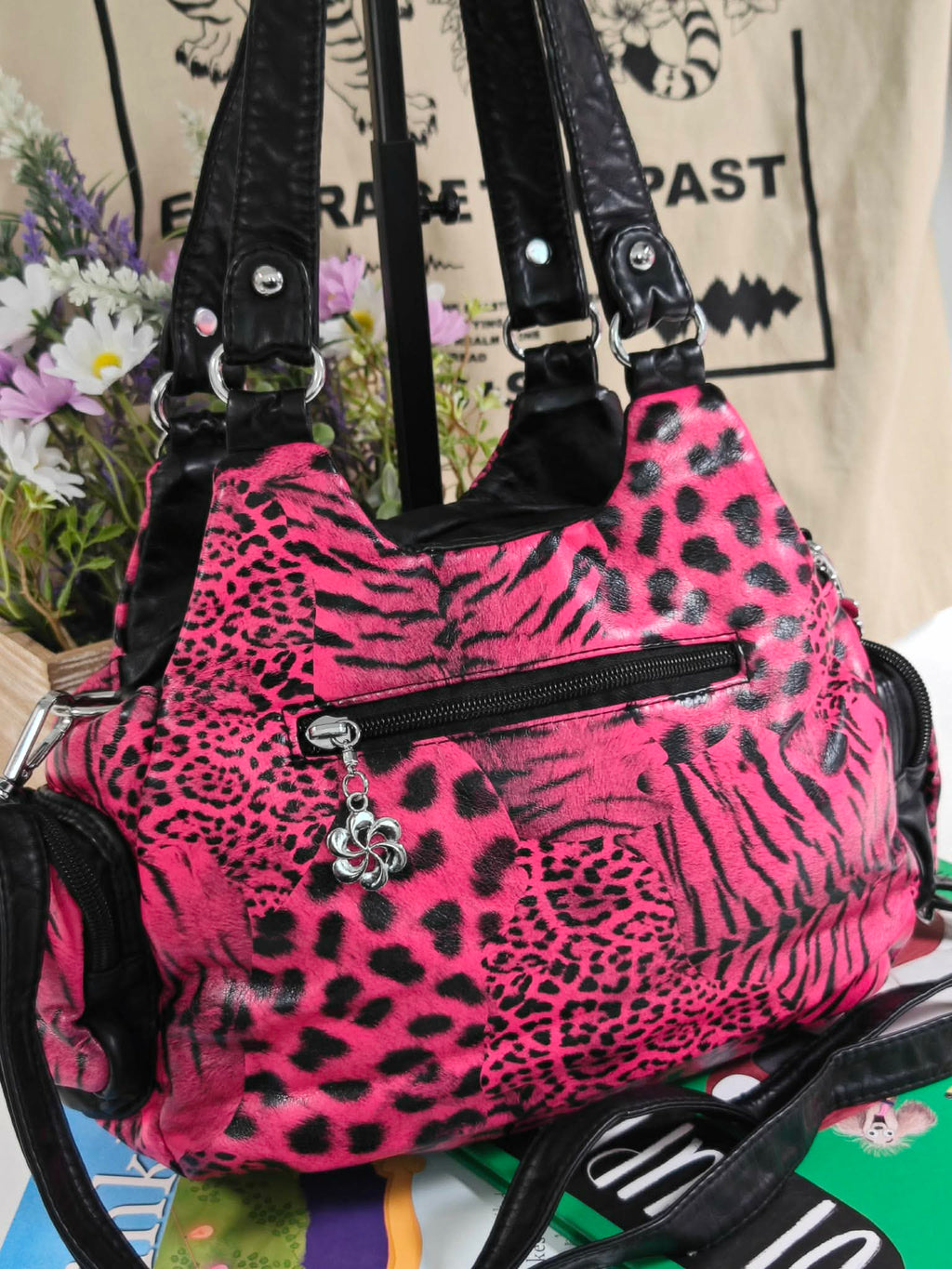 Women's Pink Leopard Print PU Fashion Shoulder Bag Y2K Punk Style Handbag