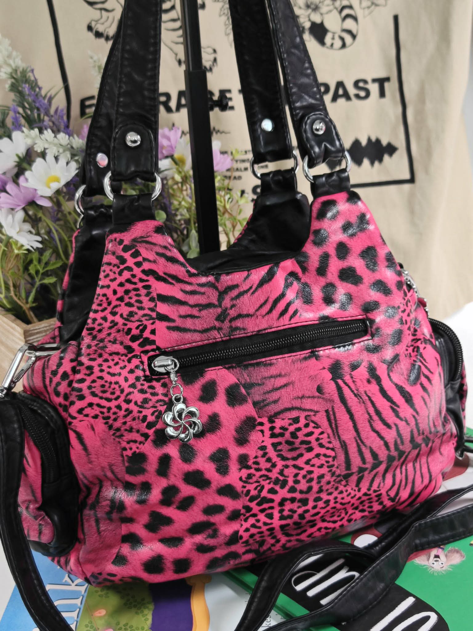 Women's Pink Leopard Print PU Fashion Shoulder Bag Y2K Punk Style Handbag