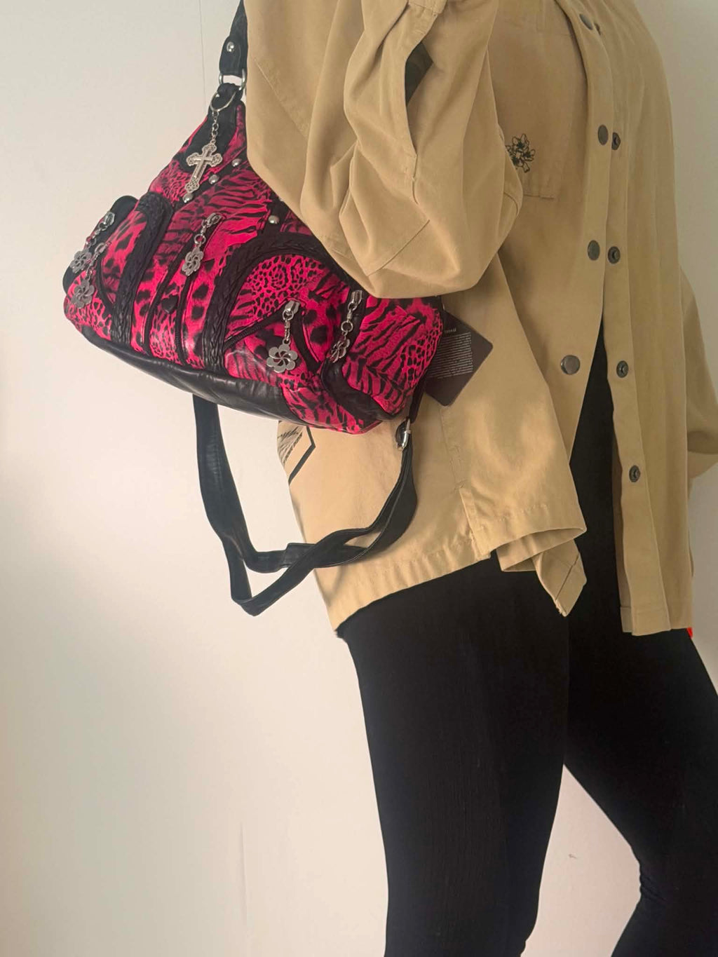 Women's Pink Leopard Print PU Fashion Shoulder Bag Y2K Punk Style Handbag