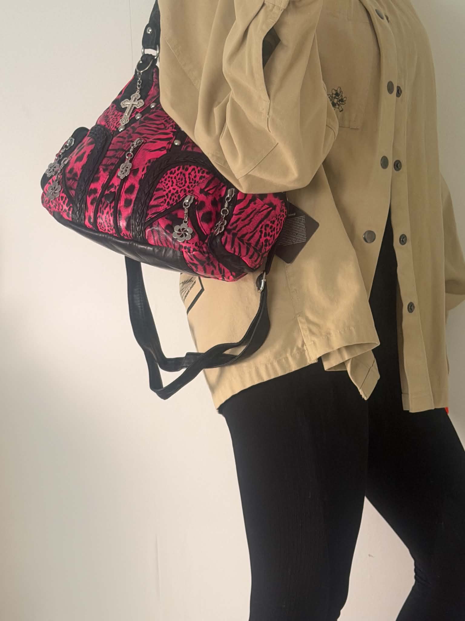 Women's Pink Leopard Print PU Fashion Shoulder Bag Y2K Punk Style Handbag