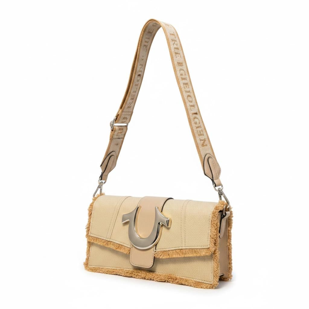 True Religion Frayed Denim Flap Shoulder Bag – Natural / Khaki